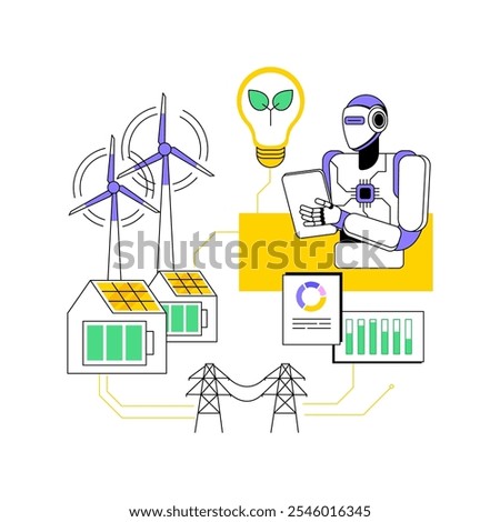 AI-Enhanced Renewable Energy abstract concept vector illustration. Environmental Management. Optimizing solar and wind farm green energy operations with AI Technology. abstract metaphor.