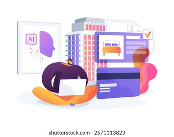 AI-Enhanced Reservation Management abstract concept vector illustration. Hospitality. Reservations and booking processes with AI chatbots and systems. AI Technology. abstract metaphor.