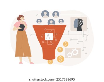 ILUSTRACIÓN VECTORIAL abstracta del concepto de optimización del embudo de ventas mejorada por IA. Marketing y Publicidad. Optimizar el embudo de ventas, generación de leads. AI Tecnología. metáfora abstracta.