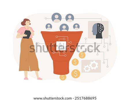 AI-Enhanced Sales Funnel Optimization abstract concept vector illustration. Marketing and Advertising. Optimize sales funnel, lead generation. AI Technology. abstract metaphor.