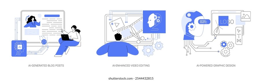 AI-Enhanced software conceito abstrato vetor ilustração conjunto. Posts em blogs gerados por IA, AI-Enhanced Video Editing, AI-Powered Graphic Design, criação de conteúdo e ferramentas de produção metáfora abstrata.