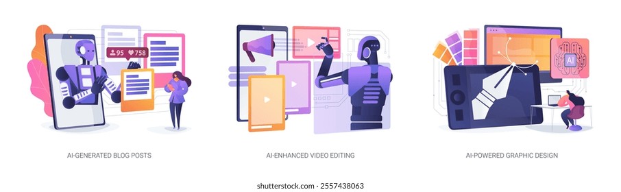 AI-Enhanced software abstract concept vector illustration set. AI-Generated Blog Posts, AI-Enhanced Video Editing, AI-Powered Graphic Design, content creation and production tools abstract metaphor.