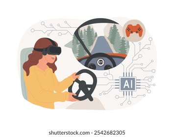 AI-Enhanced Virtual Reality abstract concept vector illustration. Entertainment. Immersive virtual reality experience, AI-generated environments and characters. AI Technology. abstract metaphor.