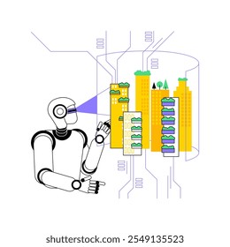 ILUSTRACIÓN VECTORIAL de concepto abstracto de tutoriales de realidad virtual mejorada por IA. Arquitectura y Diseño. Recorridos virtuales inmersivos de diseños arquitectónicos e interiores. metáfora abstracta.