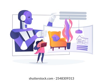 ILUSTRACIÓN VECTORIAL de concepto abstracto de AI-Enhanced Virtual Tours. Inmobiliaria. Recorridos de propiedad virtual realizados con tecnología de modelado 3D e IA. AI Tecnología. metáfora abstracta.