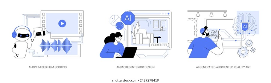 Conjunto de ilustración vectorial de concepto abstracto de arte generado por IA. Puntuación de película optimizada por IA, producción de video, diseño de espacios interiores respaldados por IA, metáfora abstracta de arte de realidad aumentada generado por IA.