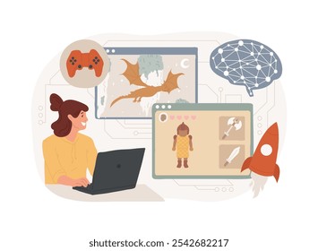 Ilustração de vetor de conceito abstrato de conteúdo gerado por IA. Entretenimento. Caracteres e ambientes virtuais, para jogos e aplicativos de realidade virtual. Tecnologia AI. metáfora abstrata.