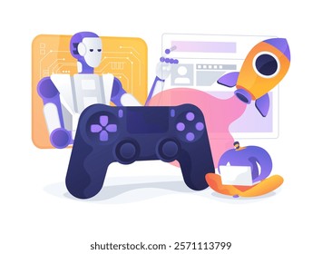 AI-Generated Content abstract concept vector illustration. Entertainment. Virtual characters and environments, for gaming and virtual reality applications. AI Technology. abstract metaphor.