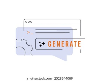 Información generada por IA e ilustración de líneas de Instrucciones efectivas. Botón y cuadro de diálogo de Generar. Creación de contenido de IA, artículos SEO, código y Ilustración vectorial de marketing