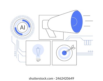 ILUSTRACIÓN VECTORIAL de concepto abstracto de contenido de relaciones públicas generado por IA. Relaciones Públicas. Cree automáticamente Autorizaciones de prensa y artículos con herramientas de redacción de AI. TECNOLOGÍA de IA. metáfora abstracta.