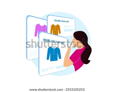 AI-Generated Predictive Product Recommendations. Young girl with predictive product recommendations based on browsing behavior. Product suggestions dynamically appearing on website vector illustration