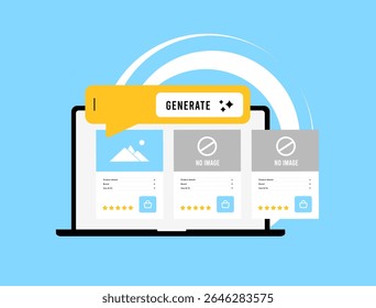 As ferramentas de imagem de produto geradas por IA suportam a geração automatizada de conteúdo de comércio eletrônico. A imagem do produto gerada por IA ajuda a melhorar os fluxos de trabalho de criação de conteúdo. Ilustração de vetor de design plano