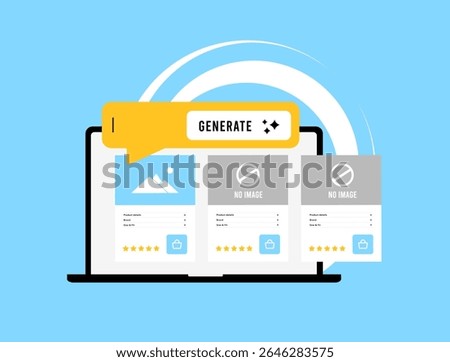 AI-generated product image tools support automated e-commerce content generation. Ai generated product image helps improve content creation workflows. Flat design vector illustration