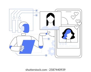 AI-Generated Social Media Avatars abstract concept vector illustration. AI creating personalized avatars, social presence and engagement, avatar creation tools, digital identity abstract metaphor.