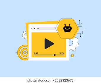 AI-generated video content optimizing marketing campaigns with automated tools. Create promotional ad videos, enhance production and scale ai video marketing. Isolated vector illustration with icons