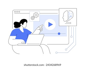 Ilustración abstracta del vector del concepto de autoayuda guiada por IA. Atención al cliente. Preguntas frecuentes y tutoriales en vídeo dirigidos por la IA, los clientes resuelven problemas con la tecnología de la IA.