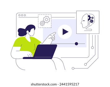 Ilustración abstracta del vector del concepto de autoayuda guiada por IA. Atención al cliente. Preguntas frecuentes y tutoriales en vídeo dirigidos por la IA, los clientes resuelven problemas con la tecnología de la IA.