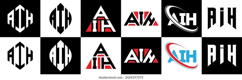 AIH letter logo design in six style. AIH polygon, circle, triangle, hexagon, flat and simple style with black and white color variation letter logo set in one artboard. AIH minimalist and classic logo