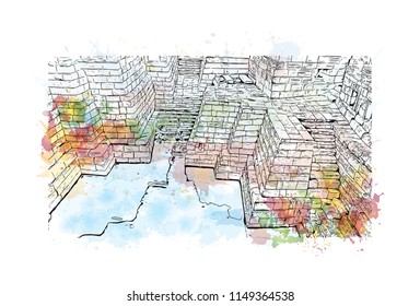 Aihole, is a historic site of ancient and medieval era Buddhist, Hindu and Jain monuments in north Karnataka, India. Watercolor splash with Hand drawn sketch illustration in vector.