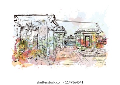 Aihole, is a historic site of ancient and medieval era Buddhist, Hindu and Jain monuments in north Karnataka, India. Watercolor splash with Hand drawn sketch illustration in vector.