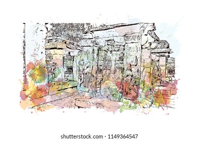 Aihole, is a historic site of ancient and medieval era Buddhist, Hindu and Jain monuments in north Karnataka, India. Watercolor splash with Hand drawn sketch illustration in vector.