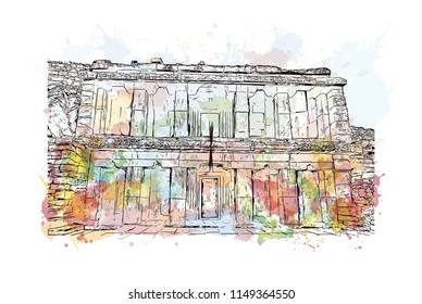 Aihole, is a historic site of ancient and medieval era Buddhist, Hindu and Jain monuments in north Karnataka, India. Watercolor splash with Hand drawn sketch illustration in vector.