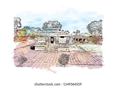 Aihole, is a historic site of ancient and medieval era Buddhist, Hindu and Jain monuments in north Karnataka, India. Watercolor splash with Hand drawn sketch illustration in vector.