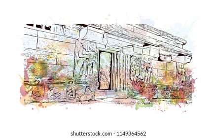 Aihole, is a historic site of ancient and medieval era Buddhist, Hindu and Jain monuments in north Karnataka, India. Watercolor splash with Hand drawn sketch illustration in vector.