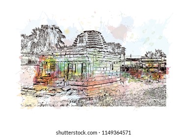 Aihole, is a historic site of ancient and medieval era Buddhist, Hindu and Jain monuments in north Karnataka, India. Watercolor splash with Hand drawn sketch illustration in vector.