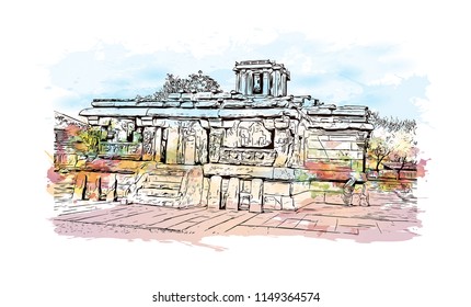 Aihole, is a historic site of ancient and medieval era Buddhist, Hindu and Jain monuments in north Karnataka, India. Watercolor splash with Hand drawn sketch illustration in vector.