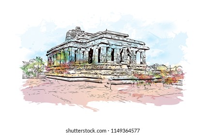 Aihole, is a historic site of ancient and medieval era Buddhist, Hindu and Jain monuments in north Karnataka, India. Watercolor splash with Hand drawn sketch illustration in vector.