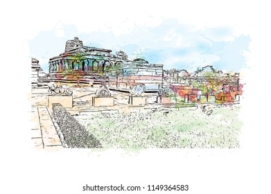 Aihole, is a historic site of ancient and medieval era Buddhist, Hindu and Jain monuments in north Karnataka, India. Watercolor splash with Hand drawn sketch illustration in vector.