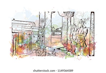 Aihole, is a historic site of ancient and medieval era Buddhist, Hindu and Jain monuments in north Karnataka, India. Watercolor splash with Hand drawn sketch illustration in vector.