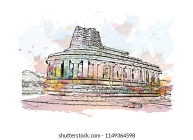 Aihole, is a historic site of ancient and medieval era Buddhist, Hindu and Jain monuments in north Karnataka, India. Watercolor splash with Hand drawn sketch illustration in vector.