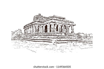 Aihole, also referred to as Aivalli, Ahivolal, is a historic site of ancient and medieval era Buddhist, Hindu and Jain monuments in north Karnataka, India. Hand drawn sketch illustration in vector.