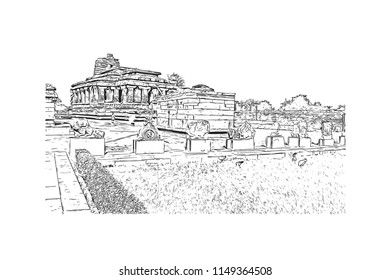 Aihole, also referred to as Aivalli, Ahivolal, is a historic site of ancient and medieval era Buddhist, Hindu and Jain monuments in north Karnataka, India. Hand drawn sketch illustration in vector.