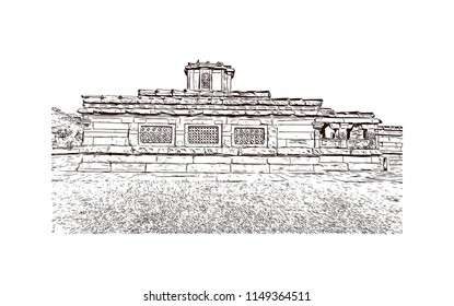 Aihole, also referred to as Aivalli, Ahivolal, is a historic site of ancient and medieval era Buddhist, Hindu and Jain monuments in north Karnataka, India. Hand drawn sketch illustration in vector.