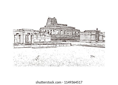 Aihole, also referred to as Aivalli, Ahivolal, is a historic site of ancient and medieval era Buddhist, Hindu and Jain monuments in north Karnataka, India. Hand drawn sketch illustration in vector.