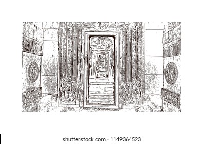 Aihole, also referred to as Aivalli, Ahivolal, is a historic site of ancient and medieval era Buddhist, Hindu and Jain monuments in north Karnataka, India. Hand drawn sketch illustration in vector.