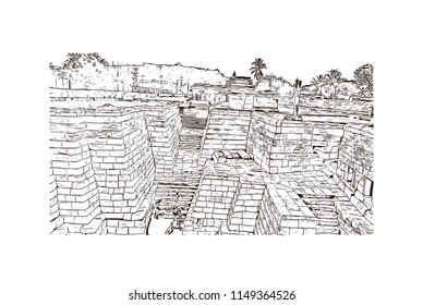 Aihole, also referred to as Aivalli, Ahivolal, is a historic site of ancient and medieval era Buddhist, Hindu and Jain monuments in north Karnataka, India. Hand drawn sketch illustration in vector.