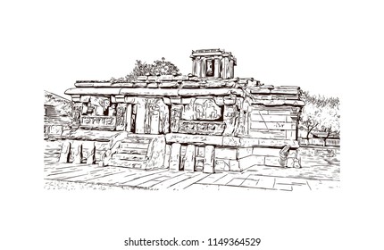 Aihole, also referred to as Aivalli, Ahivolal, is a historic site of ancient and medieval era Buddhist, Hindu and Jain monuments in north Karnataka, India. Hand drawn sketch illustration in vector.