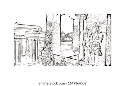 Aihole, also referred to as Aivalli, Ahivolal, is a historic site of ancient and medieval era Buddhist, Hindu and Jain monuments in north Karnataka, India. Hand drawn sketch illustration in vector.