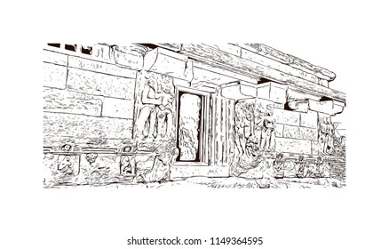 Aihole, also referred to as Aivalli, Ahivolal, is a historic site of ancient and medieval era Buddhist, Hindu and Jain monuments in north Karnataka, India. Hand drawn sketch illustration in vector.