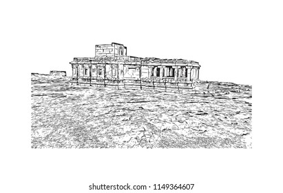 Aihole, also referred to as Aivalli, Ahivolal, is a historic site of ancient and medieval era Buddhist, Hindu and Jain monuments in north Karnataka, India. Hand drawn sketch illustration in vector.