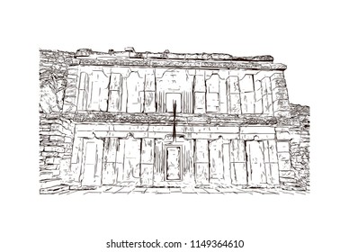 Aihole, also referred to as Aivalli, Ahivolal, is a historic site of ancient and medieval era Buddhist, Hindu and Jain monuments in north Karnataka, India. Hand drawn sketch illustration in vector.