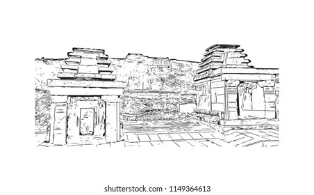 Aihole, also referred to as Aivalli, Ahivolal, is a historic site of ancient and medieval era Buddhist, Hindu and Jain monuments in north Karnataka, India. Hand drawn sketch illustration in vector.