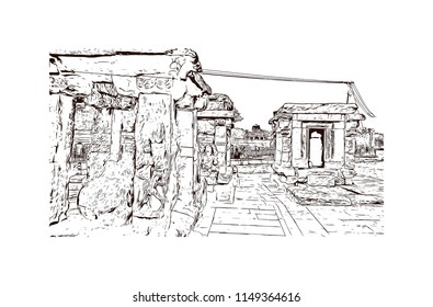 Aihole, also referred to as Aivalli, Ahivolal, is a historic site of ancient and medieval era Buddhist, Hindu and Jain monuments in north Karnataka, India. Hand drawn sketch illustration in vector.