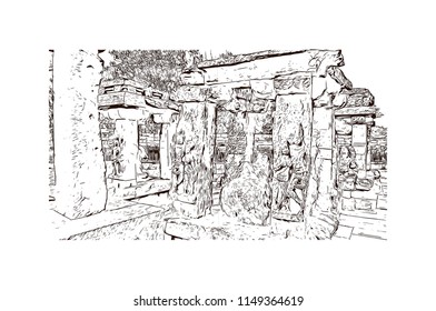 Aihole, also referred to as Aivalli, Ahivolal, is a historic site of ancient and medieval era Buddhist, Hindu and Jain monuments in north Karnataka, India. Hand drawn sketch illustration in vector.