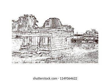 Aihole, also referred to as Aivalli, Ahivolal, is a historic site of ancient and medieval era Buddhist, Hindu and Jain monuments in north Karnataka, India. Hand drawn sketch illustration in vector.