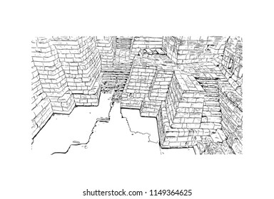 Aihole, also referred to as Aivalli, Ahivolal, is a historic site of ancient and medieval era Buddhist, Hindu and Jain monuments in north Karnataka, India. Hand drawn sketch illustration in vector.